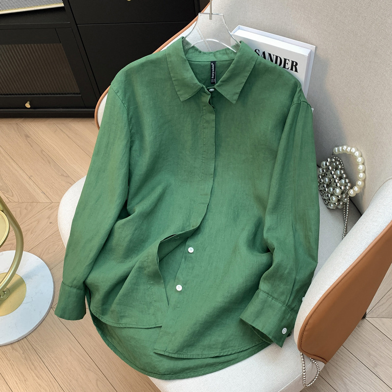Raindrop 100% Linen Shirt for Women, Summer Versatile Solid Color Loose Long-Sleeve Shirt with a Turn-Down Collar, Sun-Protective and Slimming Women's Top