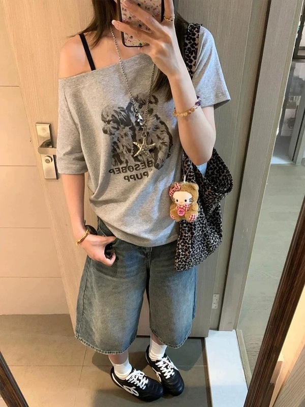 美式复古斜肩纯棉短袖t恤女夏2025新款慵懒风休闲辣妹宽松上衣ins|undefined