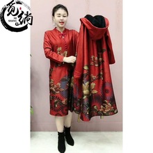 秋冬新款加绒加厚时尚印花套装女大码显瘦气质连衣裙两件套潮