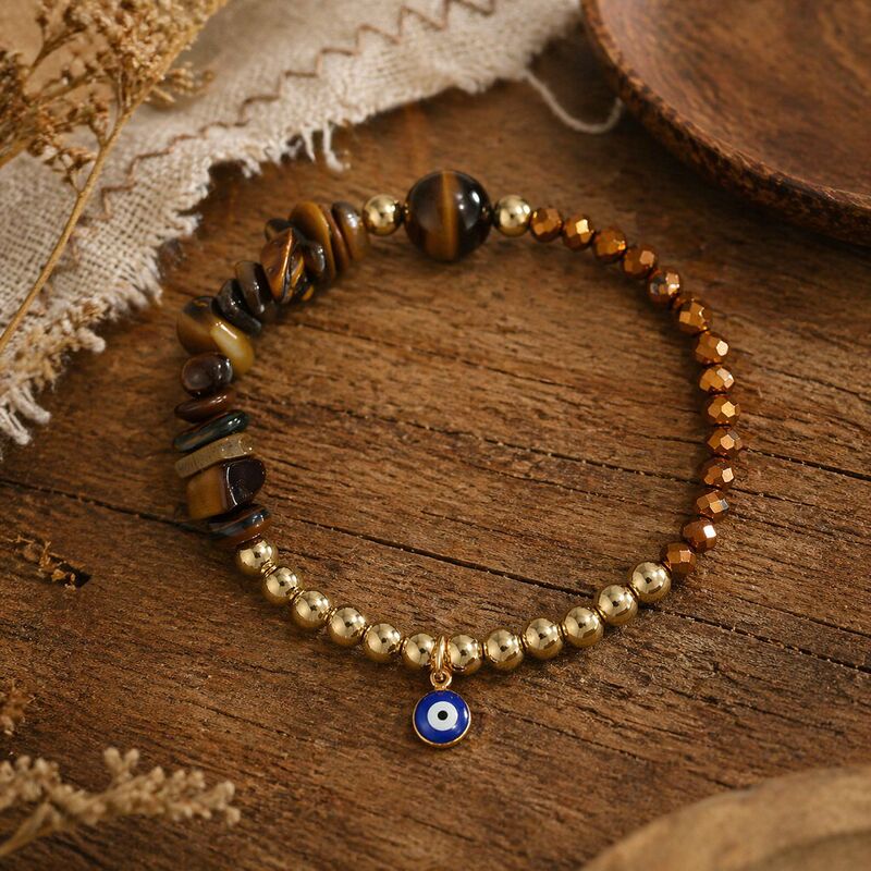 New cross-border natural stone elastic bracelet for women, adjustable crystal bracelet with evil eye pendant, versatile hand accessory New cross-border natural stone elastic bracelet for women, adjustable crystal bracelet with evil eye pendant, versatile hand accessory