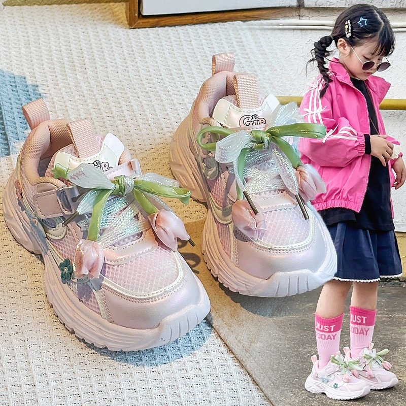 女童运动鞋2025春秋新款网面透气女孩软底跑步鞋时尚花朵老爹鞋潮|undefined