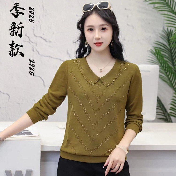 一件代发2025秋季新款时尚娃娃领宽松气质长袖烫钻减龄妈妈装上衣|undefined