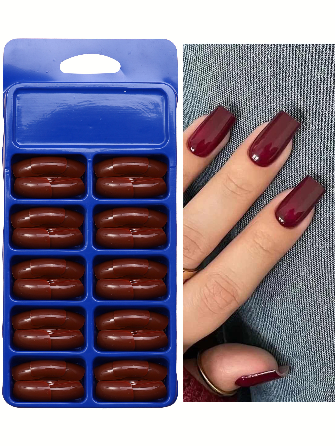 120 piezas de uñas falsas de color sólido desnudas cuadradas cortas desmontables de uñas en una caja azul