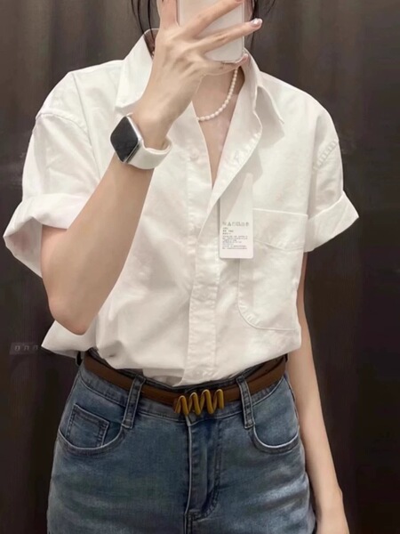 여름용 여성용 그린 코튼 린넨 오른쪽 어깨 반팔 셔츠 얇고 고급스럽고 멋진 린넨 셔츠 폴로 칼라 탑