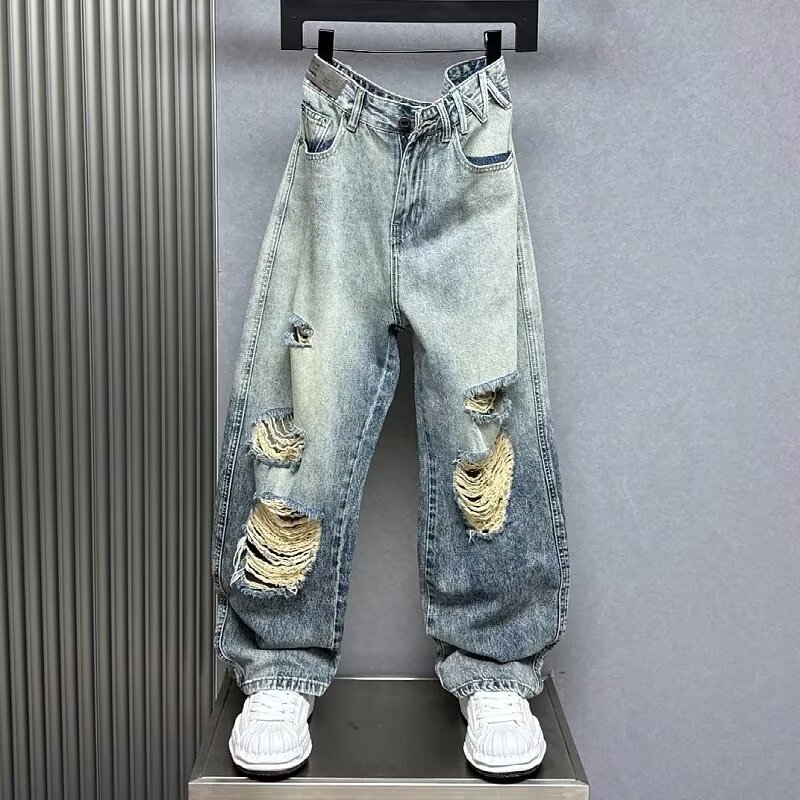 American Style Trendy Ripped Jeans for Men 2025 Spring and Summer New Loose Straight Casual Versatile Dad Pants Wide-Leg Trendy