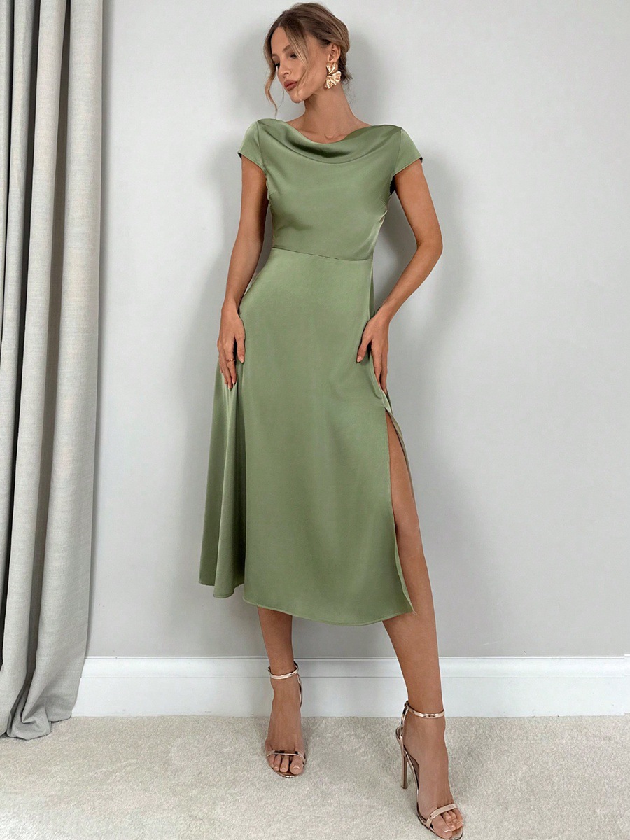 Verano nuevo estilo vestido de seda de imitación vestido de satén dividido falda larga al por mayor ropa de mujer europea y americana de alta gama comercio exterior