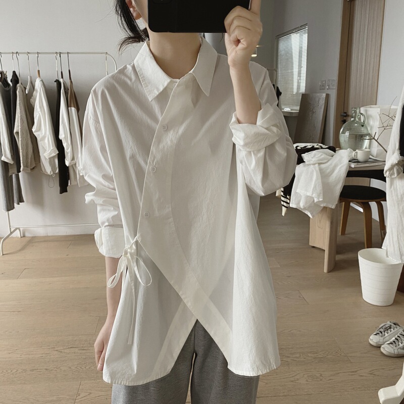 23 Spring New irregular shirt Women's loose plus size age-reducing slimming lace-up niche design cotton top