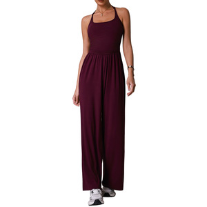 AYM041893 Cross-Border Halter Neck Cutout Beauty Back Yoga Jumpsuit, Slimming and Flattering, Sporty Casual Wide-Leg Jumpsuit with Padding A
