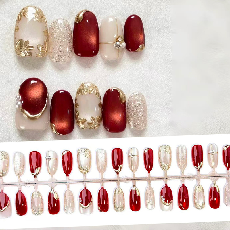 New Year's Armor Red Valentine's Day Gold-Plated Nail Art Stickers Glass Beads Cat Eye Floral Press-On Nails Cross-Border European and American Ins Style New Year's Armor Red Valentine's Day Gold-Plated Nail Art Stickers Glass Beads Cat Eye Floral Press-On Nails Cross-Border European and American Ins Style