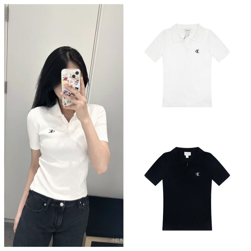 26 Summer Ck Classic Short Embroidered Knit Waist-Cinching European and American Style Versatile Comfortable V-Neck Slim-Fit Polo Top
