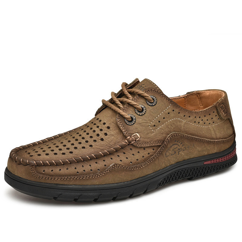Zapatos de cuero para hombres 2025, nuevos zapatos de cuero transpirables de verano huecos de cuero para hombres, zapatos casuales de cuero de vaca de correa baja image 11