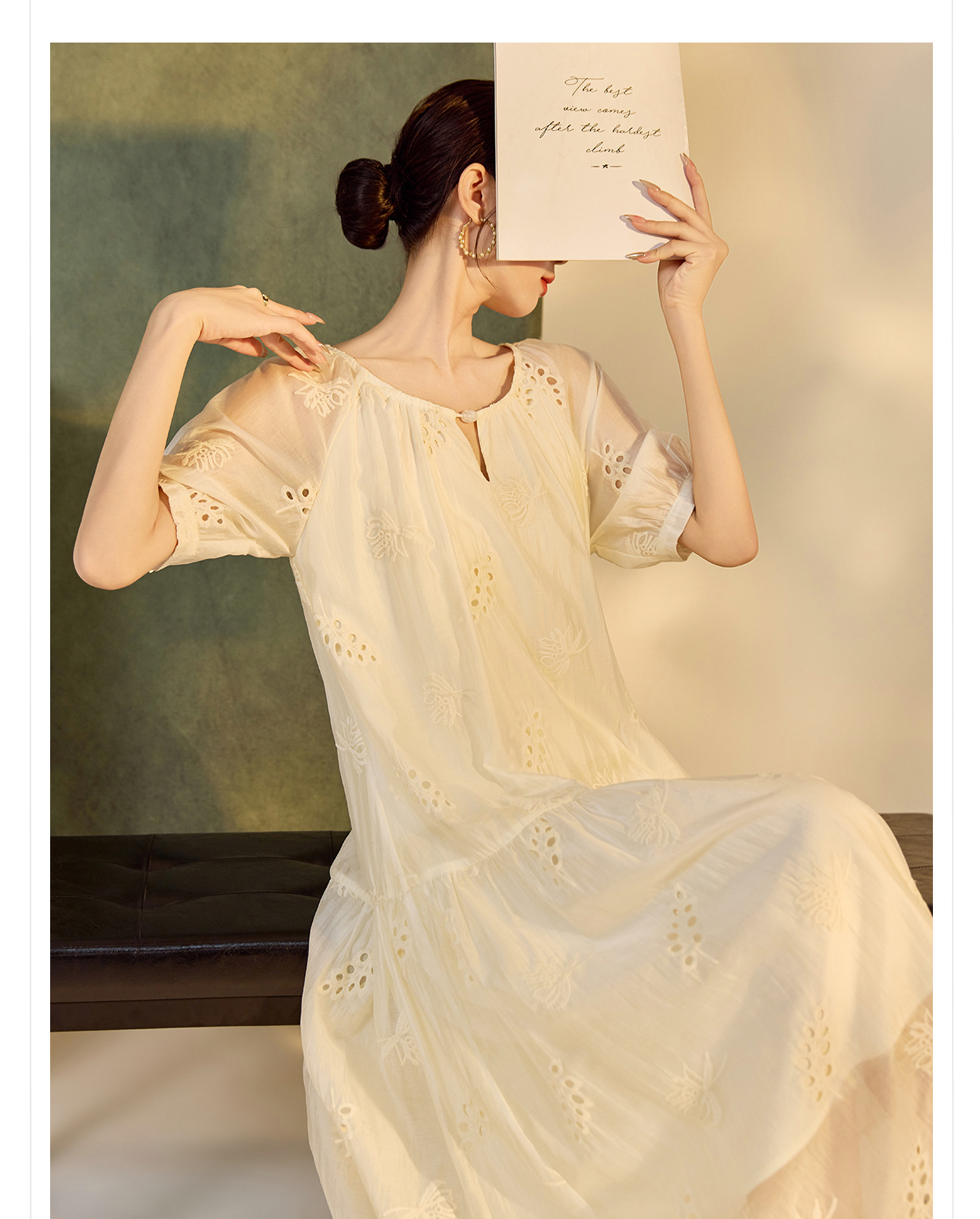 Váy suông midi Tencel phong cách Trung Quốc mới tay ngắn cổ tròn — Màu trắng be chi tiết 4