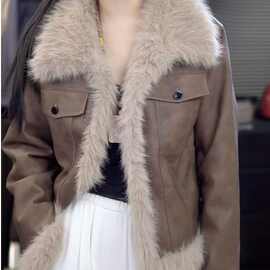 摩登美式复古皮衣新款压花时尚气质皮衣毛毛加厚拼接女外套