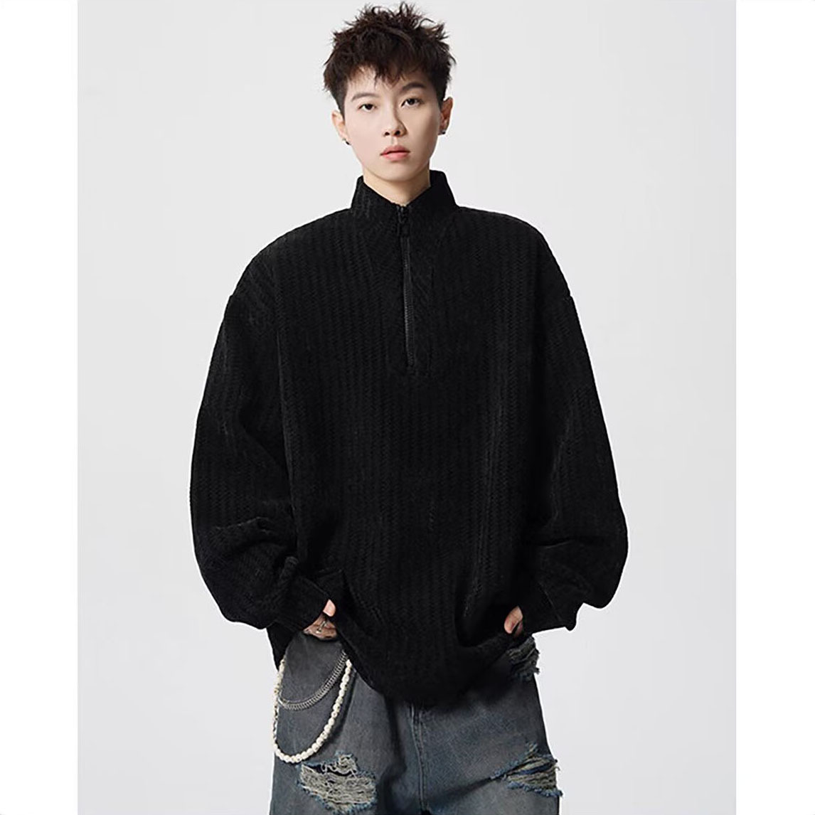 Hueso de pescado estriado semi-cremallera suéter hombre vello suave glutinoso primavera otoño manga larga medio alto cuello marea fábrica transfronteriza al por mayor