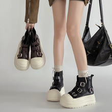 修面皮厚底增高板鞋女2025春秋季时尚百搭舒适皮带扣单鞋休闲潮鞋