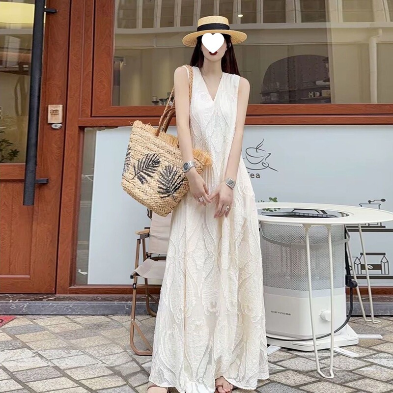 Very Fairy-Like Embroidered Jacquard Extra Long Ankle-Length Dress 2025 Summer New Loose Large Size Long Skirt Cross-Border