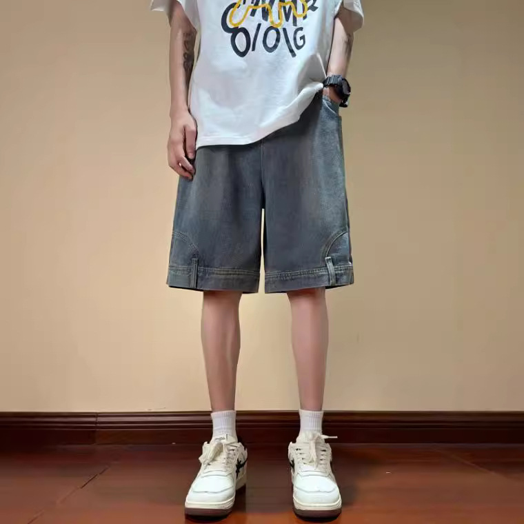 2024 New Style Inverted Reverse Wear Design Sense Denim Shorts Men's Loose Trendy New Cropped Pants