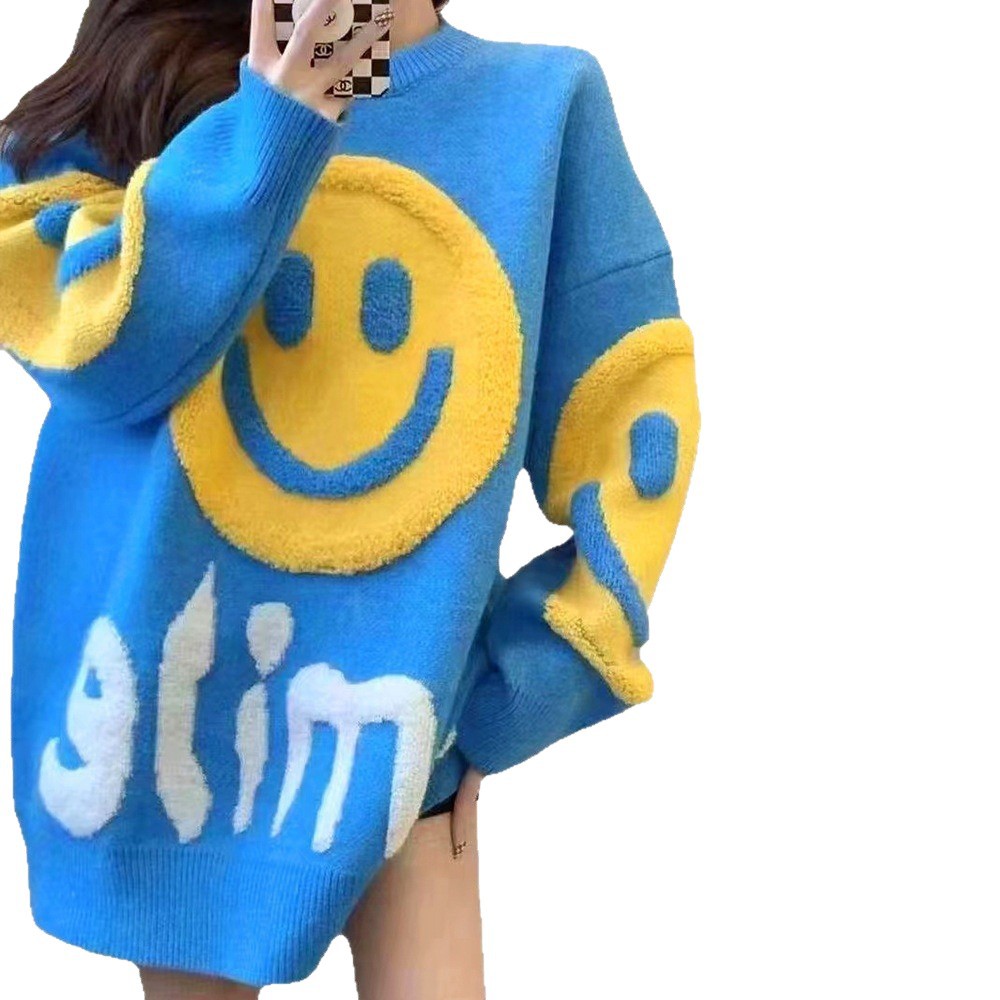 Osaka suéter suelto para mujer, otoño e invierno, moda femenina, más fácil de combinar, jersey para ir al trabajo, longitud media, cara sonriente, cuello redondo, top de punto