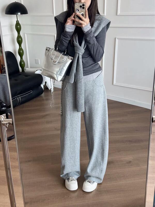 灰色卫裤女秋季新款弯刀裤弧形大码显瘦梨形身材阔腿宽松休闲裤子|undefined