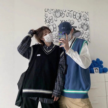 日系复古情侣黑色针织马甲背心男春秋V领外搭叠穿毛衣学院风上衣