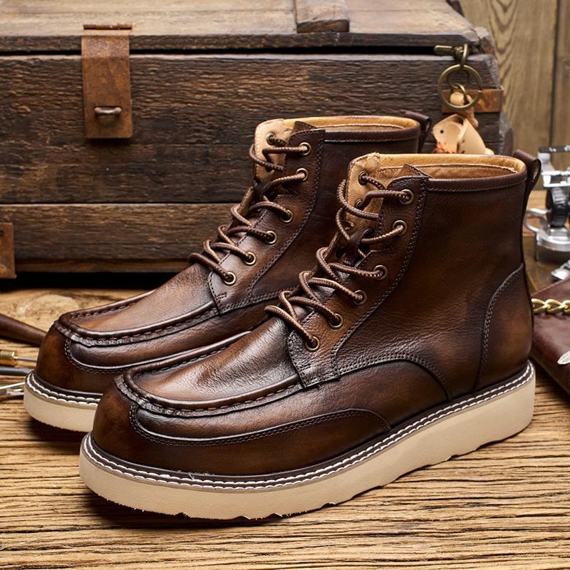 复古潮男手工牛皮工装鞋时尚高帮鞋厚底增高皮靴美式皮鞋机车靴男