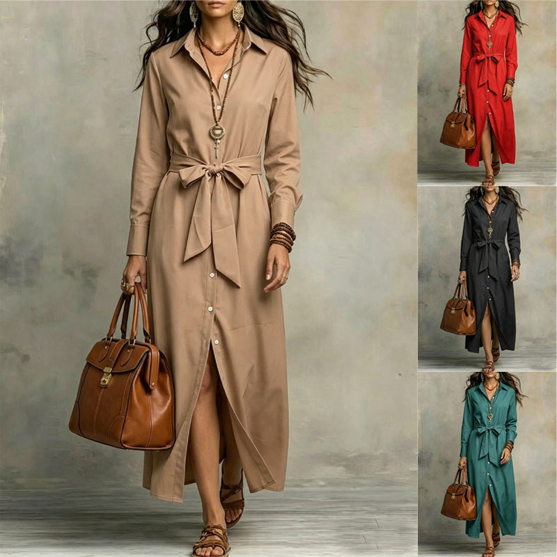 European and American Style Spring/Summer Collared Long-Sleeve Shirt Dress, Elegant and Professional, Solid Color, Waist-Cinching, Tie-Up, Slit, Mid-Length Dress European and American Style Spring/Summer Collared Long-Sleeve Shirt Dress, Elegant and Professional, Solid Color, Waist-Cinching, Tie-Up, Slit, Mid-Length Dress
