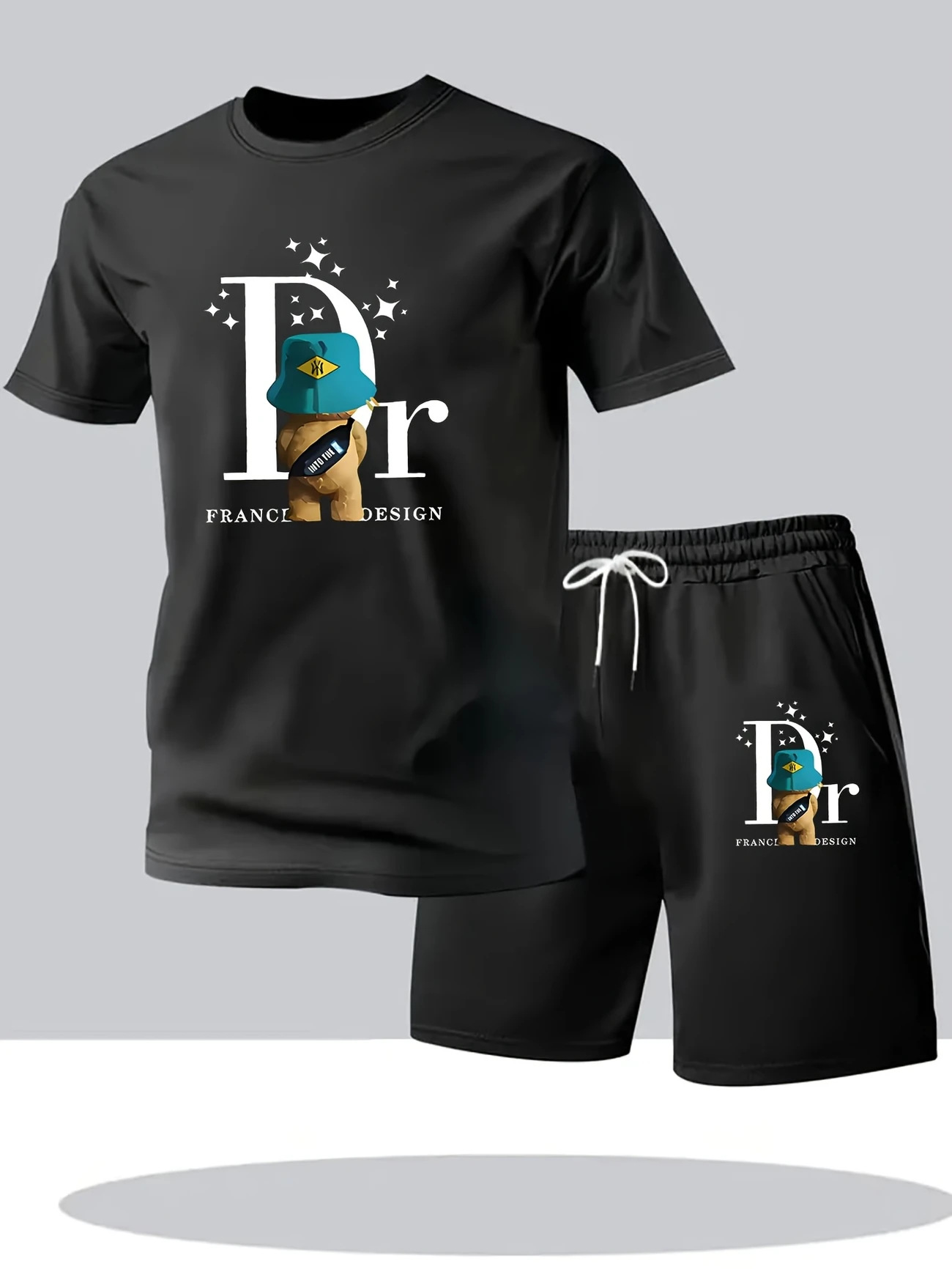 Men's Casual Fashion Set T-Shirt Short Sleeved Shirt Shorts Plant Mesh Two Piece Trendy Simple Clothing_viptrois.com