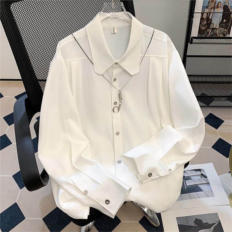 Japanese-Style Design-Inspired Collared Long-Sleeve Shirt, Unisex, Loose Fit, Casual, Versatile, High-End Feel, Drapey Ice Silk Shirt Japanese-Style Design-Inspired Collared Long-Sleeve Shirt, Unisex, Loose Fit, Casual, Versatile, High-End Feel, Drapey Ice Silk Shirt