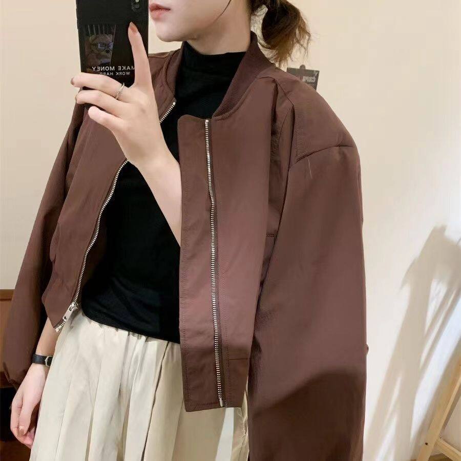 Áo khoác bóng chày nữ dáng ngắn, tay dài, cổ nửa, phong cách Hàn Quốc — Lớp lót kaki, Màu nâu đỏ có lớp lót, lớp lót màu đen