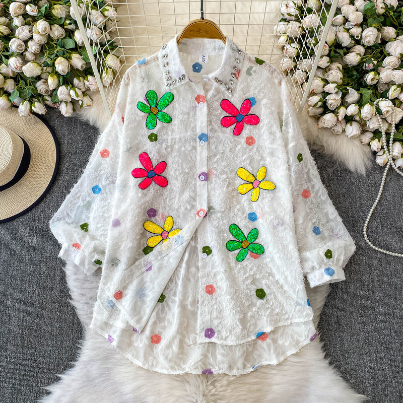 High-End Heavy-Duty Diamond-Encrusted Sequin Flower Lapel Lantern Sleeve Shirt for Women Summer Sweet Age-Reducing Loose Tassel Top High-End Heavy-Duty Diamond-Encrusted Sequin Flower Lapel Lantern Sleeve Shirt for Women Summer Sweet Age-Reducing Loose Tassel Top