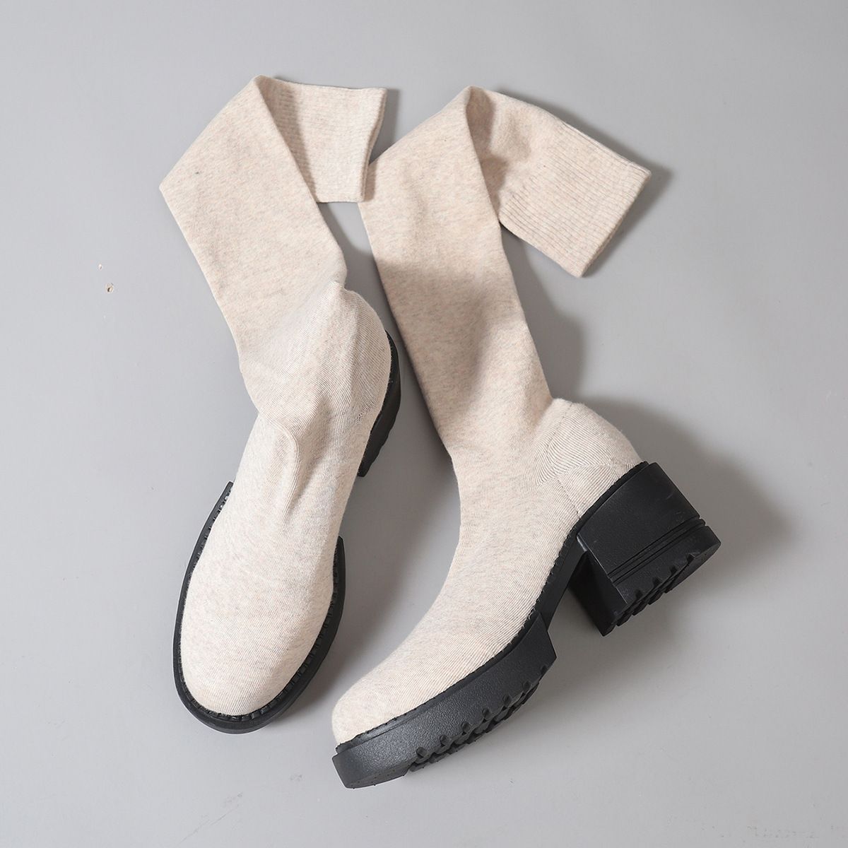Winterliche Damen-Overknee-Stiefel mit runder Zehenpartie, Flyknit-Strick, figurformender Wirkung, mittelhohem Absatz, dicker Sohle, elastischem Schaft, Übergrößen_voghion.com