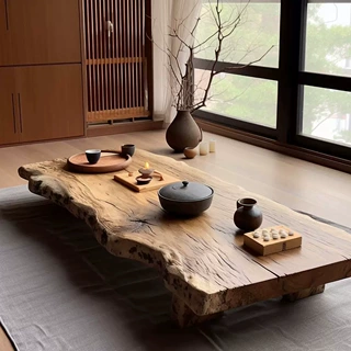 侘寂风实木茶几榻榻米矮桌中式茶桌飘窗茶台设计师民宿复古风茶桌