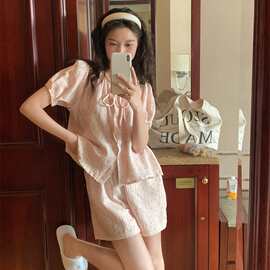 甜美粉色少女蕾丝拼接花边短袖短裤家居服舒适透气棉纱睡衣套装