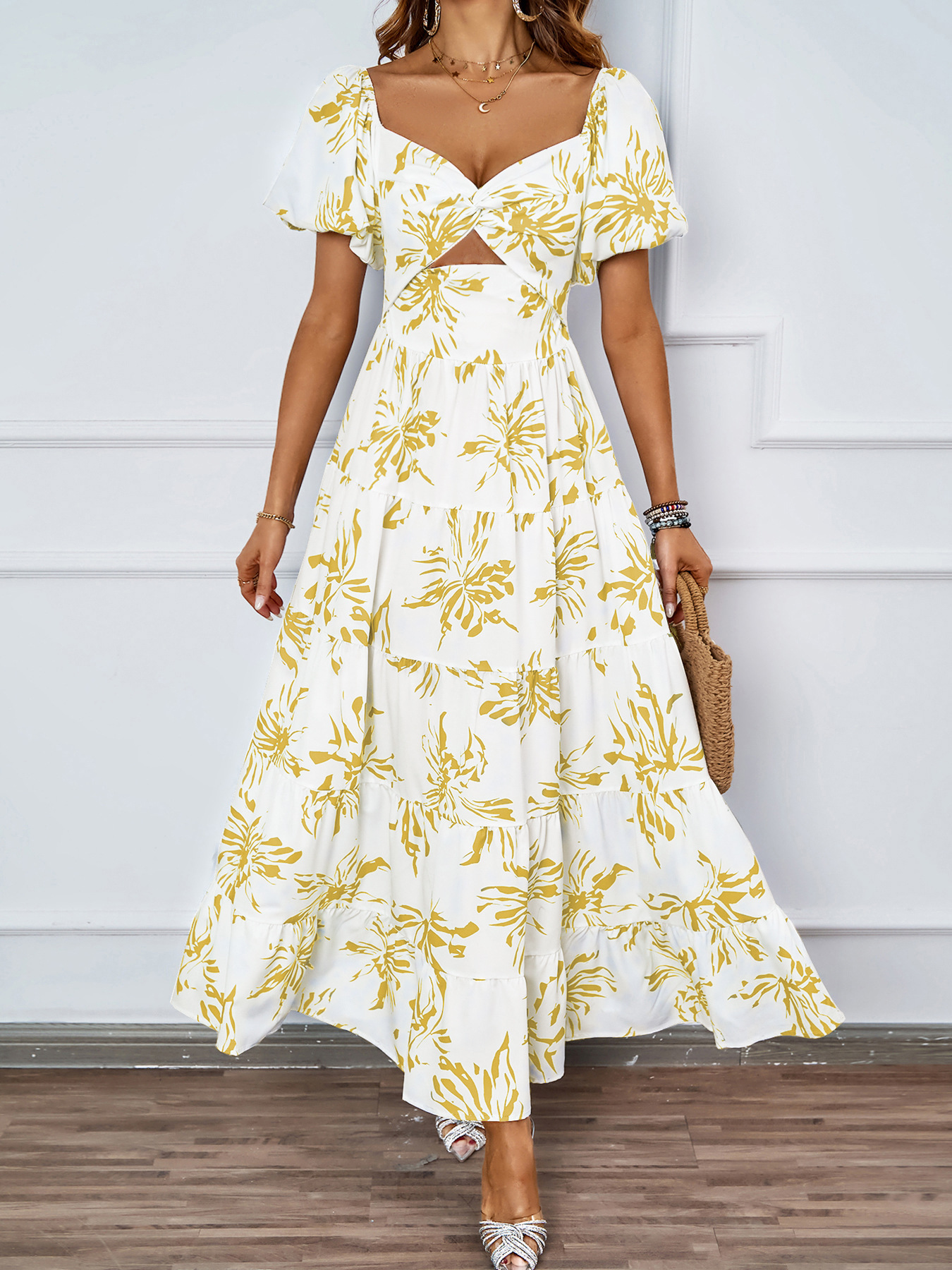 455g Weight Maxi Long Dress Dress Length Type Short Sleeve Sleeve Length Swing Dress Dresses Type Puff Sleeve Sleeve Type Polyester Fabric Type High Waist Waist Line Holiday, Daily Occasion Off Shoulder Neckline Regular Fit Fit Type Color Block, Painted Flower Pattern Summer Season Women's Gender Printing Design Elegant, Streetwear Style Wholesale Women's Elegant Streetwear Printing Color Block Painted Flower  Holiday Daily Off Shoulder Short Sleeve Swing Dress 23