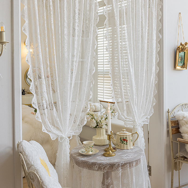 French-Style Light Luxury Milk Coffee-Colored Lace Sheer Curtains, Light-Transmitting but Not See-Through, Bedroom Ins-Style High-End Bay Window Sheer Curtains