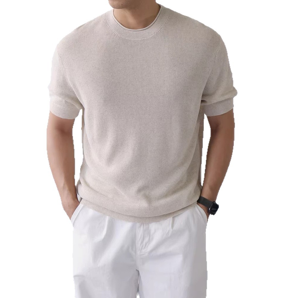 Camiseta de punto de manga corta hombre cuello redondo hueco seda de hielo transpirable verano de negocios de color sólido en el interior de verano al por mayor transpirable secado rápido