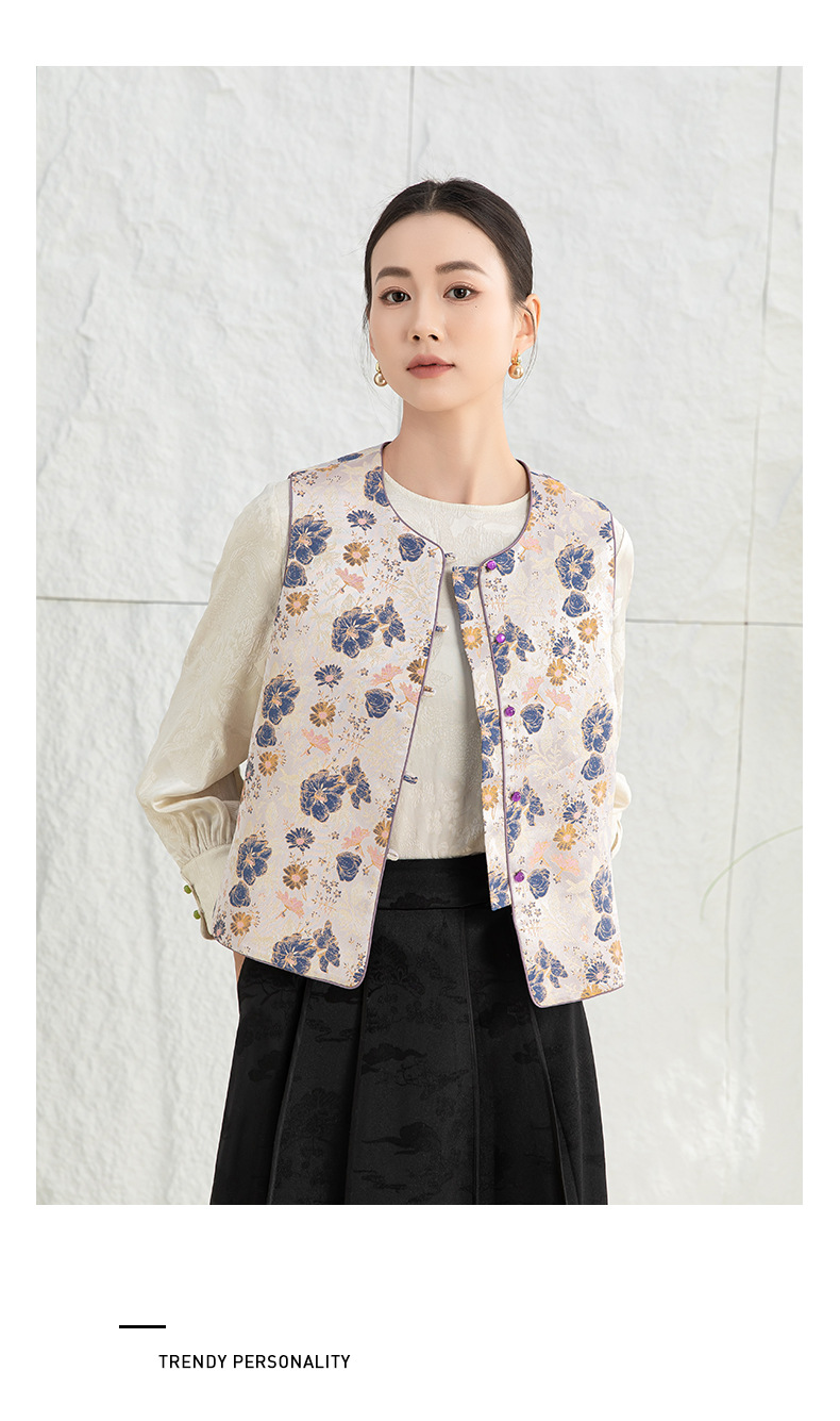 Áo vest cách tân Trung Quốc nữ satin cổ điển, tay loe, khuy cài nút vải — Màu tím sâm panh chi tiết 21