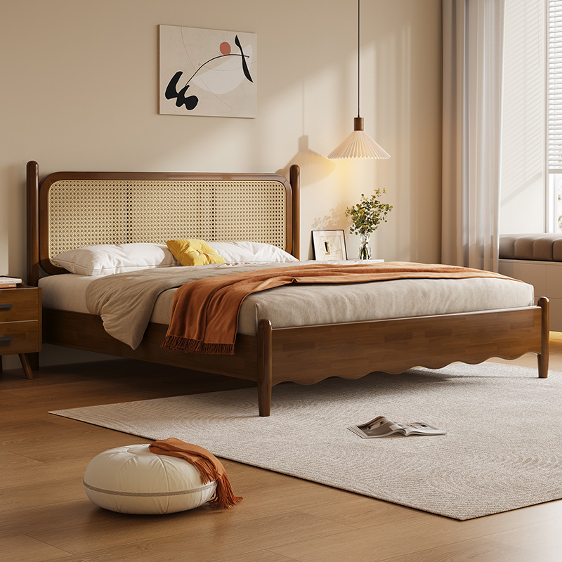 Solid Wood Bed Walnut Color 2025 New Double Bed Rubber Wood Rattan Bed with Storage 1.5m Bed