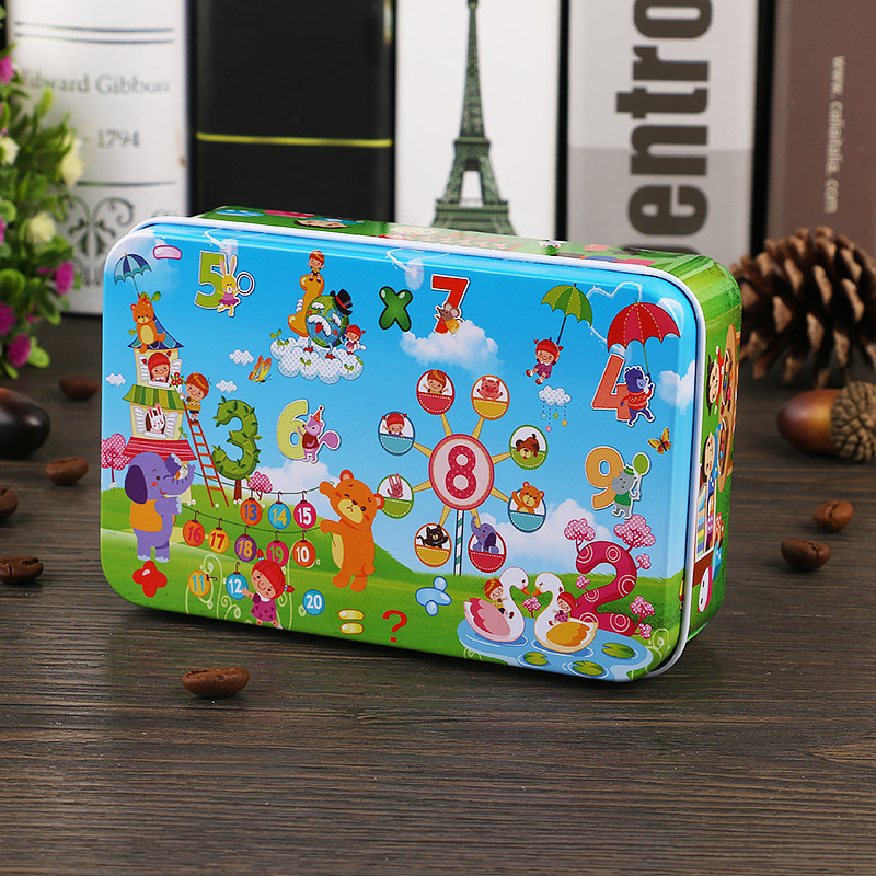 Nuevo estilo 60 piezas 200 piezas dibujos animados para niños dibujos animados madera caja de hierro rompecabezas bebé escuela primaria juguetes educativos al por mayor