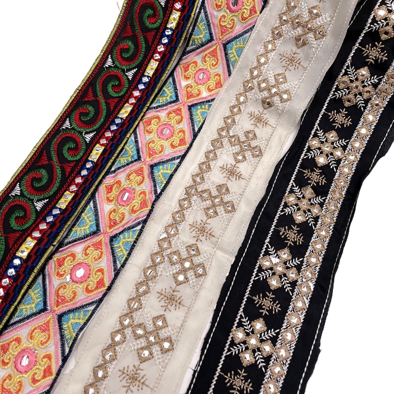 外贸花边 复古民族中东刺绣花边 彩色镜片条码 鞋帽袖口服装辅料