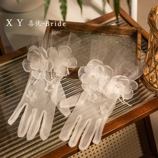 New Super Fairy Handmade Flowers Thin Camellia Petals Bridal Lace Short Gloves White Wedding Dress Accessories