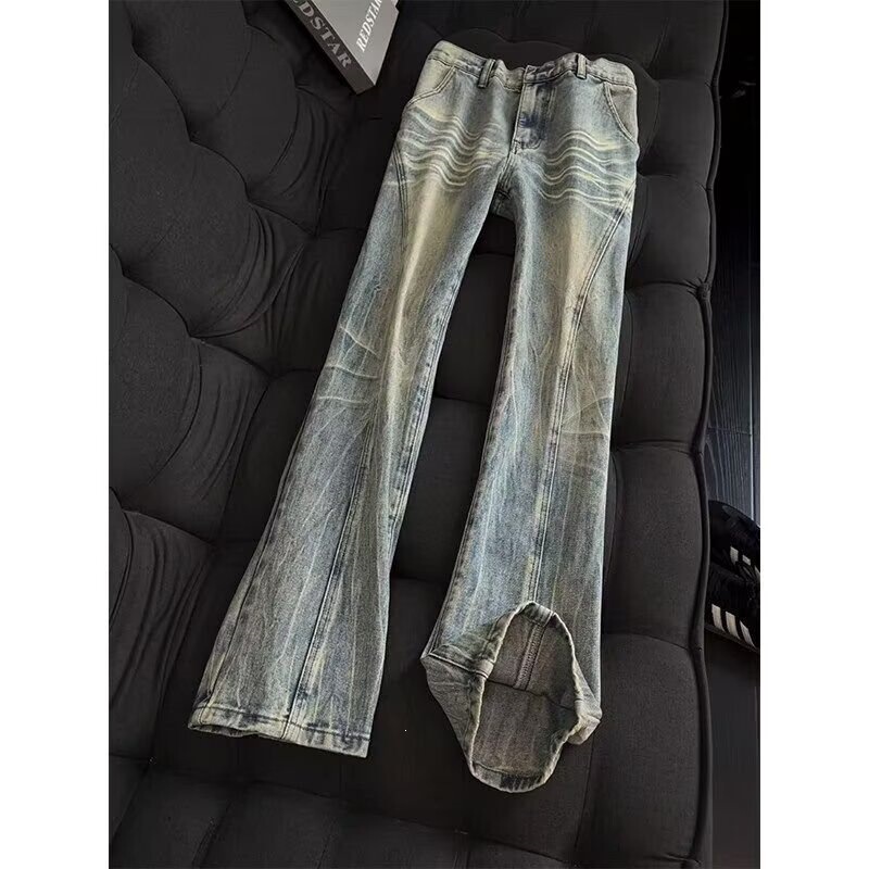 American High Street Style Black Lightning Pattern Jeans for Men, Autumn Season, Cool and Stylish, Washed Vintage Straight-Leg Flared Pants