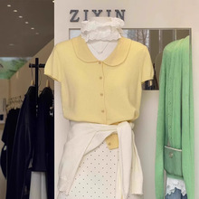 黄色娃娃领甜美减龄短袖针织衫女夏季冰丝正肩T恤小个子短款上衣