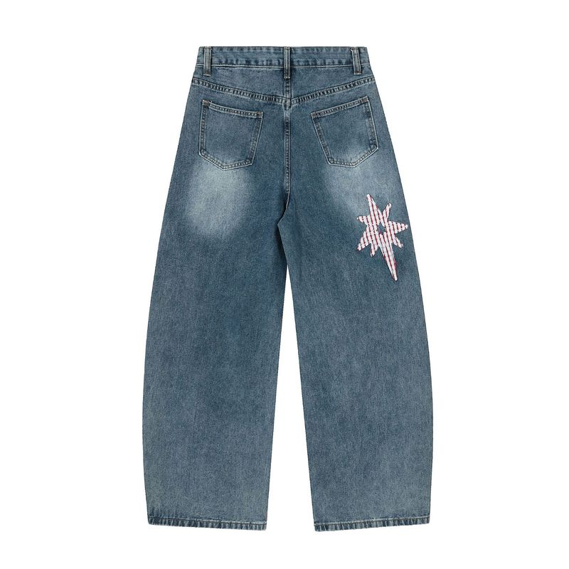 Qihong Yishe アメリカンレトロトレンディなニッチパターン刺繍パッチワイドレッグストレート夏の男性と女性のパーソナライズされたデニムパンツ|undefined
