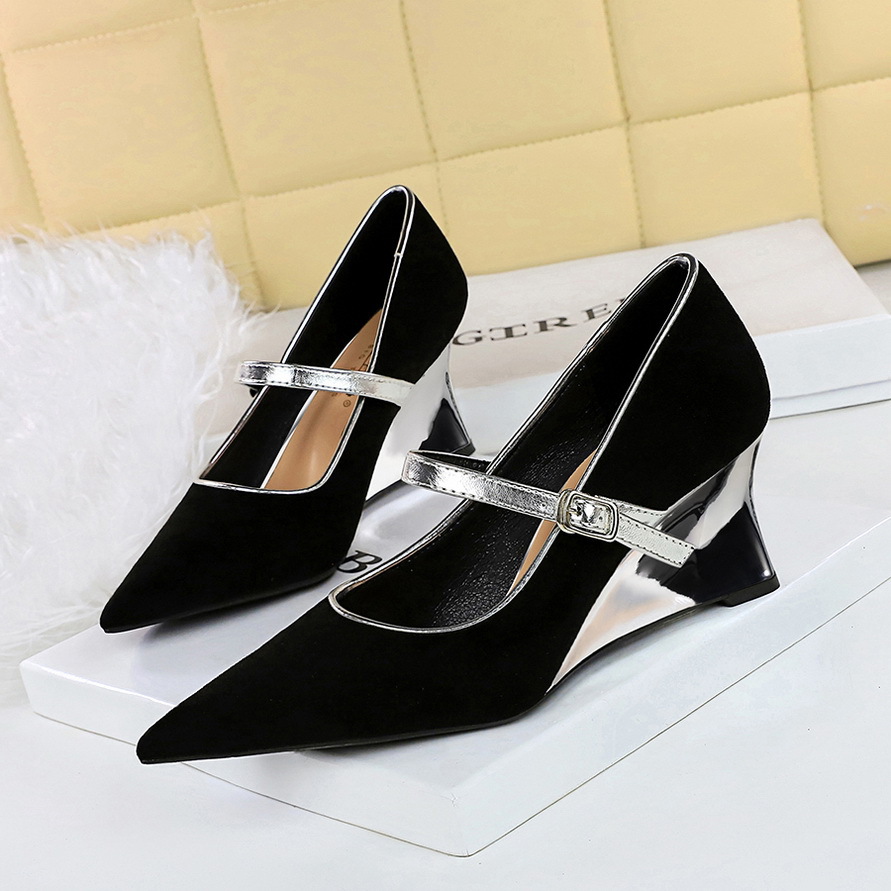 2905-5 European And American Style Banquet Metal Heel Wedge Suede Shallow Mouth Pointed Toe Color Block Single Strap_vogvips.com