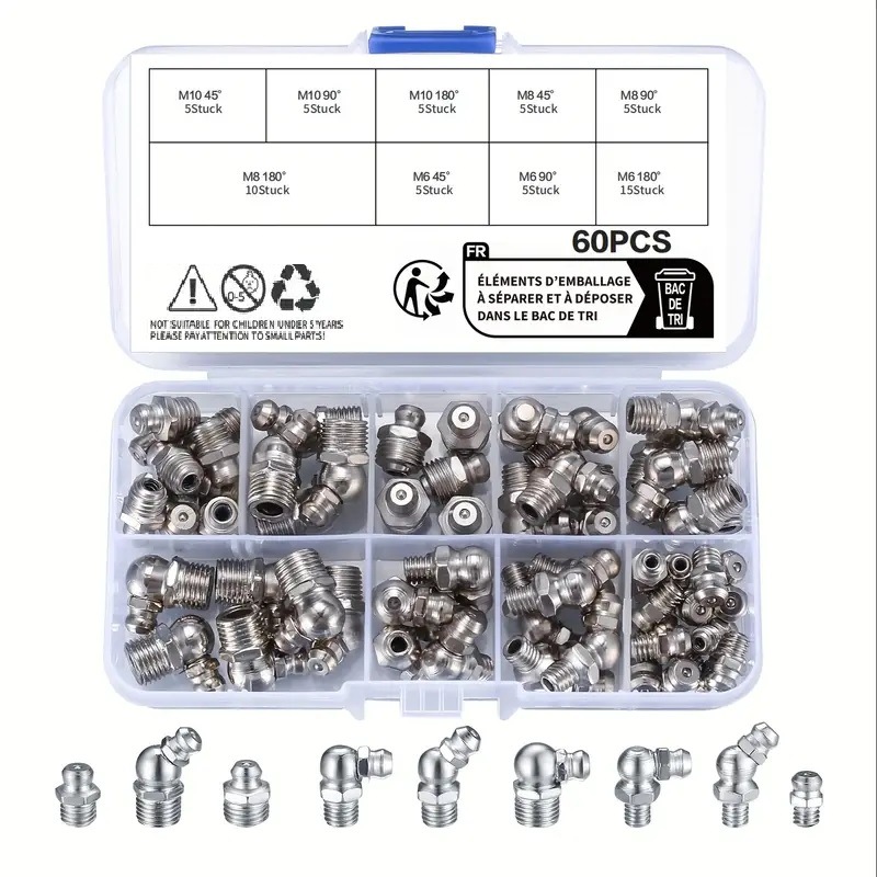 60件公制润滑脂奶嘴接头M6 M8 M10,180° 45° 90° 角跨境组合装
