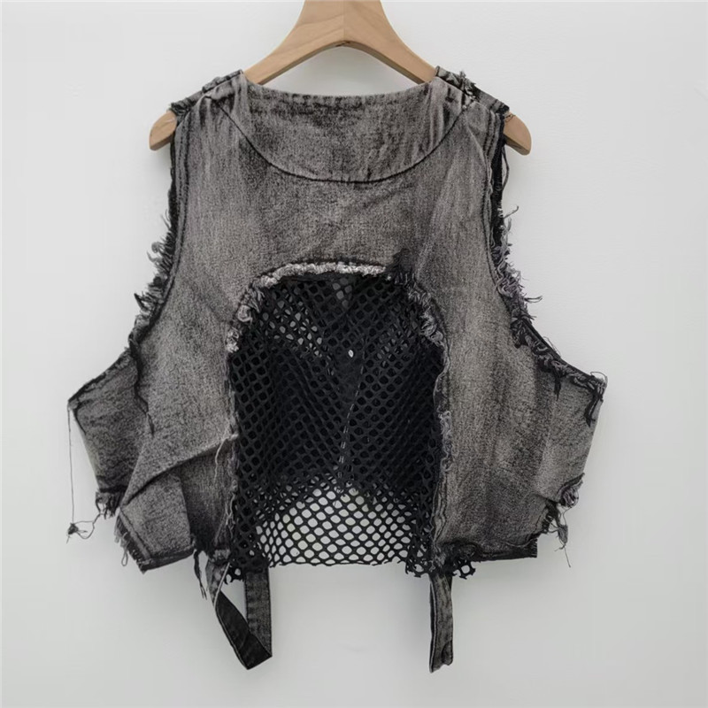 Placa de malla de cuello V chaleco de vaquero de verano de mujeres europeas fritas calles de moda de borde suelto corto sin mangas chaqueta de clip