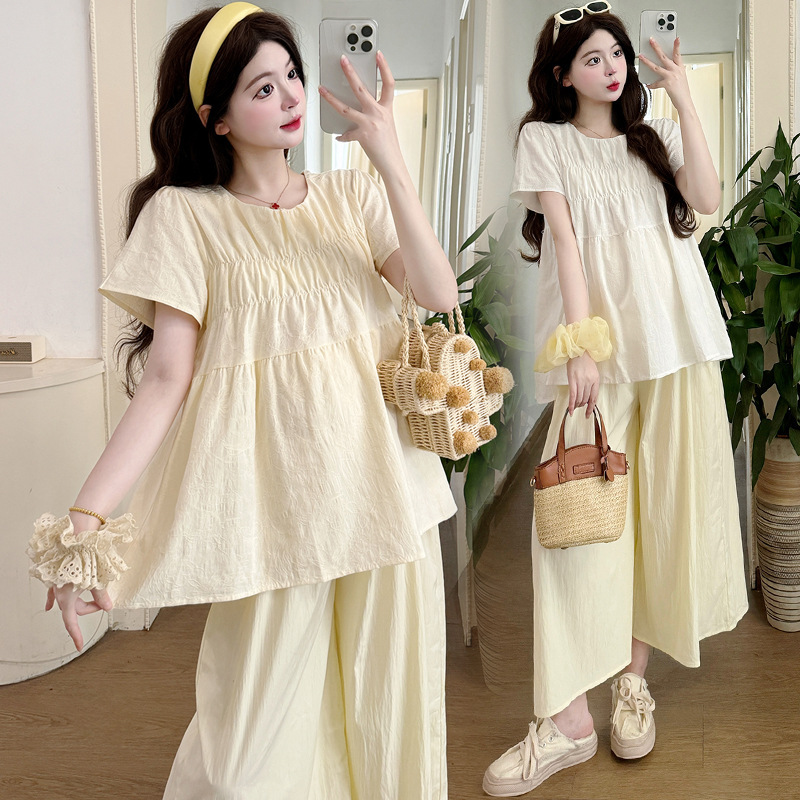 Maternity Wear 2025 Summer New Loose Belly-Covering Embroidered Jacquard Flying Sleeve Babydoll Shirt Nine-Point Wide-Leg Pants Suit Maternity Wear 2025 Summer New Loose Belly-Covering Embroidered Jacquard Flying Sleeve Babydoll Shirt Nine-Point Wide-Leg Pants Suit