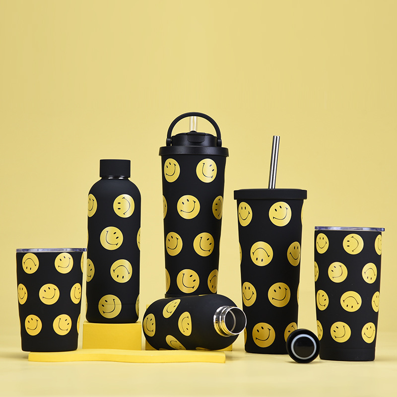 Nuevo tema sonriente de acero inoxidable termo taza con leche de paja taza de té taza de café traje mango deportes taza de agua