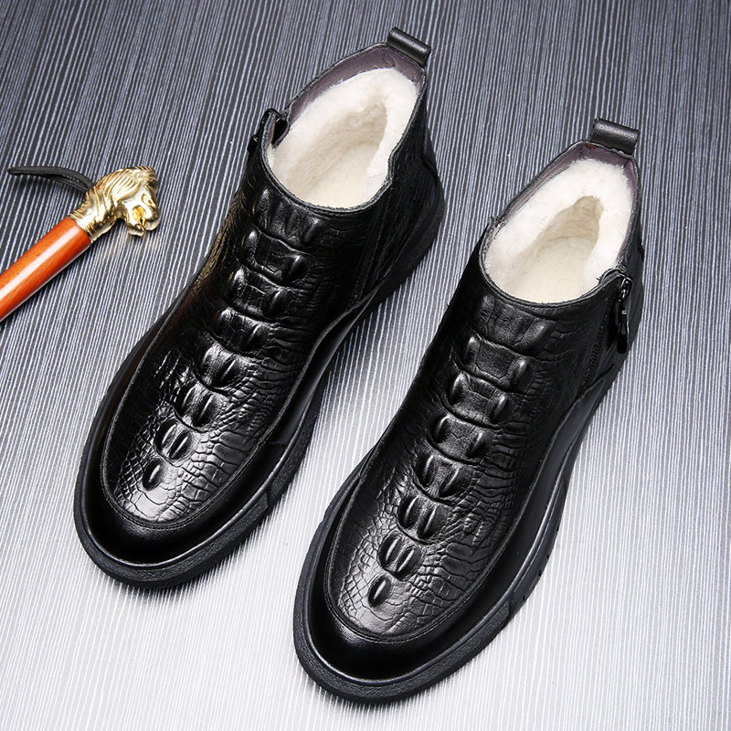 22 Invierno primera capa de piel de vaca cocodrilo patrón de lana de algodón de los hombres zapatos de los hombres de cuero caliente forrado de lana zapatos de los hombres zapatos de cuero papá de los hombres